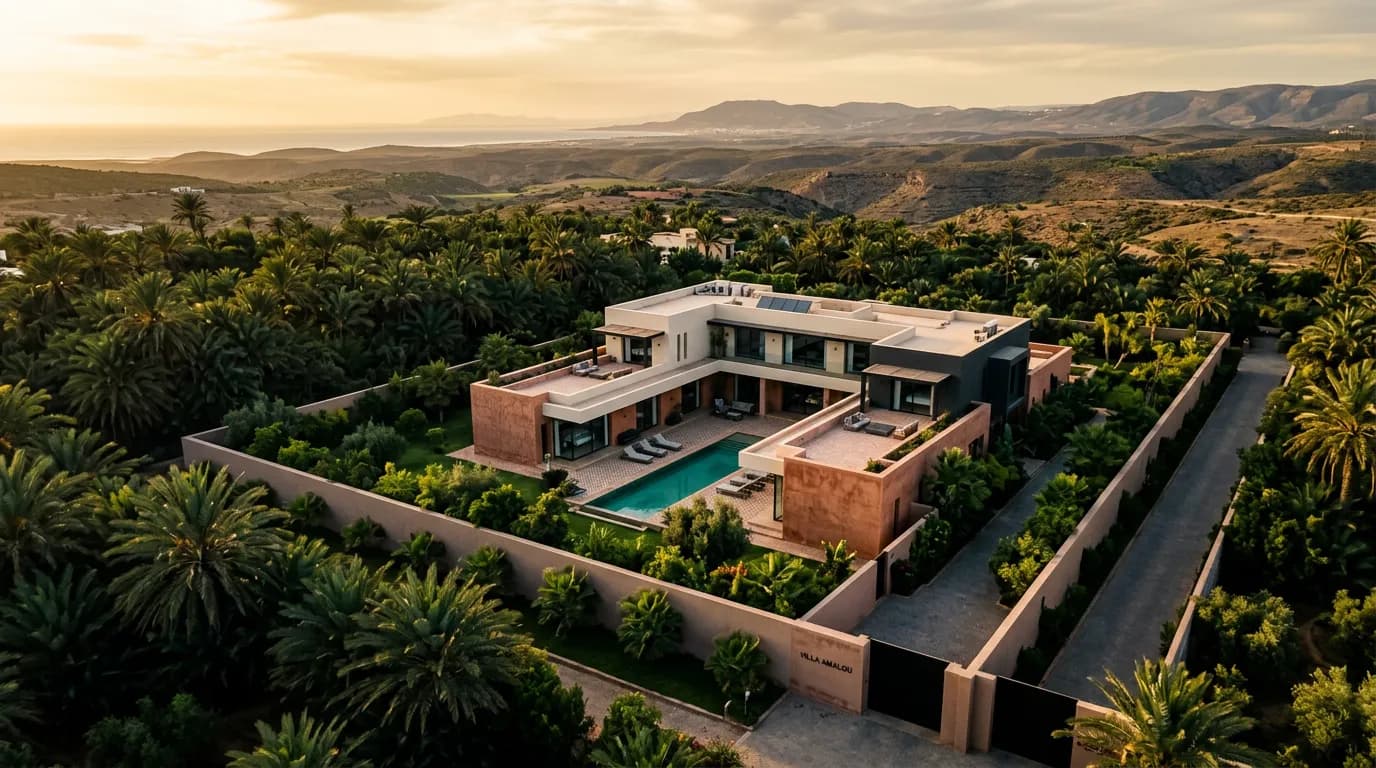 Vue aérienne d'une villa moderne à Agadir équipée de caméras de surveillance et d'un système de sécurité